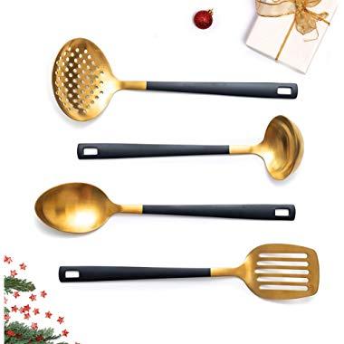 Black and Gold Utensil Set for Cooking and Serving, Stainless Steel Serving Utensils include - Black and Gold Metal Ladle, Skimmer, Serving Spoon, Turner: Gold Serving Sets