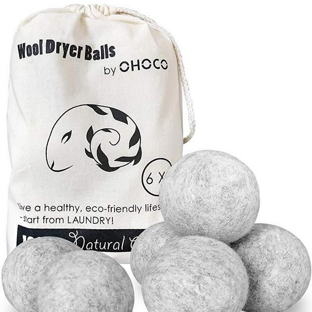 OHOCO Wool Dryer Balls 6 Pack XL, Organic Natural Wool for Laundry, Fabric Softening - Anti Static, Baby Safe, No Lint, Odorless and Reusable Gray