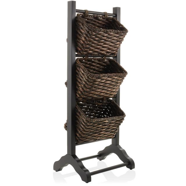 Casafield 3-Tier Floor Stand with Hanging Storage Baskets, Black/Espresso - Wood Tower Rack for Bathroom, Kitchen, Laundry, Living Room