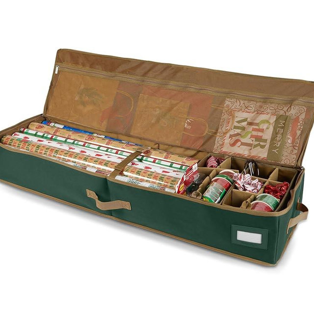 Covermates Keepsakes Gift Wrap Storage Organizer – Heavy-Duty Polyester with Buckle Straps & Interior Pockets – Holds Up to 25 Rolls of Gift Wrap with Handles & Label Window, Green