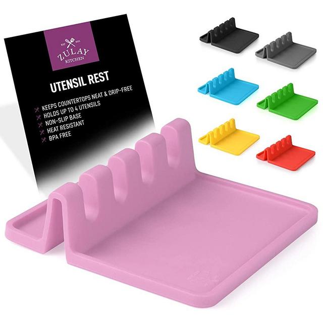 Silicone Utensil Rest with Drip Pad for Multiple Utensils, Heat-Resistant, BPA-Free Spoon Rest & Spoon Holder for Stove Top, Kitchen Utensil Holder for Spoons, Ladles, Tongs & More - by Zulay (Pink)