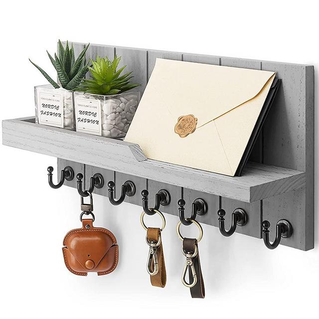 Rebee Vision Decorative Key and Mail Holder for Wall - Farmhouse 15 Inches Floating Shelf with 7 Sturdy Key Hooks for Home Entryway Wall Decor - Rustic Key Racks (Grey)