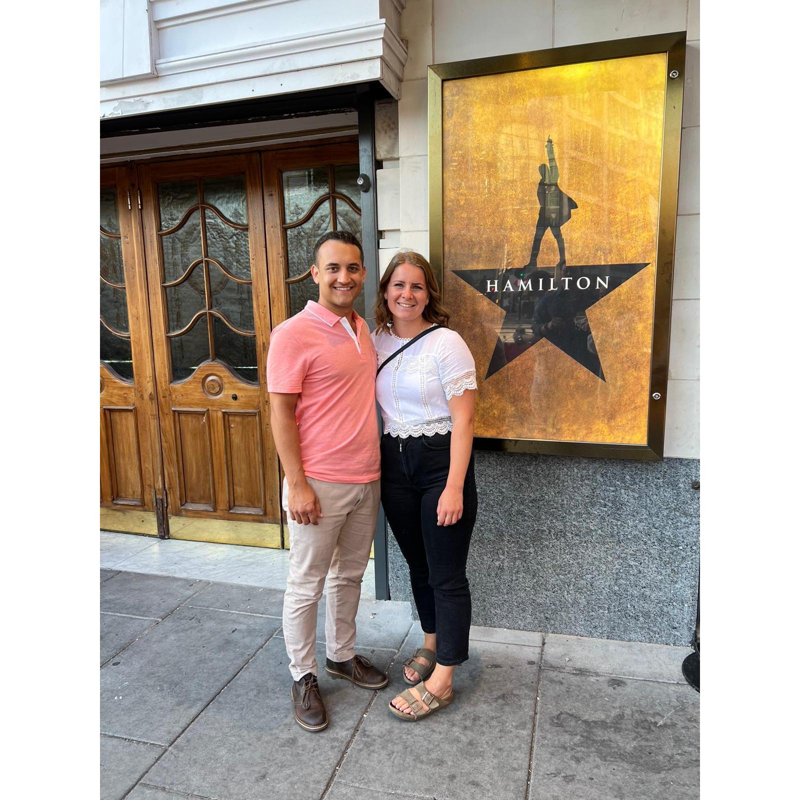 Our first time meeting in-person - seeing Hamilton in London.