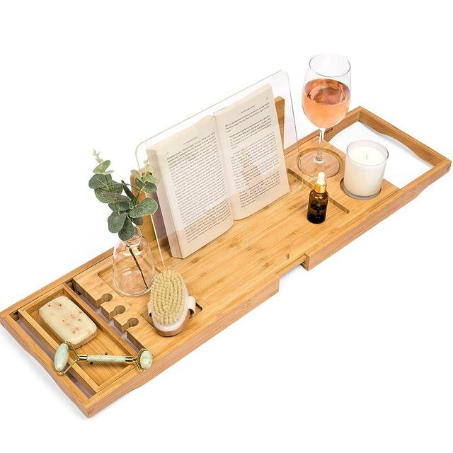 Luxe Lily Bath Tub Tray Table | Holds Book Open with Removable Water Shield | Bathtub Caddy | Extendable Tub Tray for Bathtub | Bath Tray for Bathtub with Wine Holder | Bathtub Tray for Home