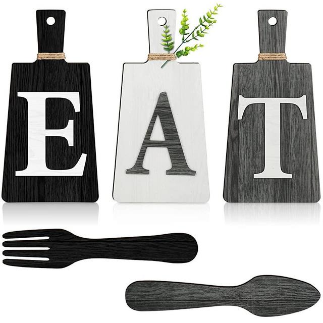 Cutting Board Eat Sign Set Hanging Art Kitchen Eat Sign Fork and Spoon Wall Decor Rustic Primitive Country Farmhouse Kitchen Decor for Kitchen and Home Decoration (Black, White, Gray)