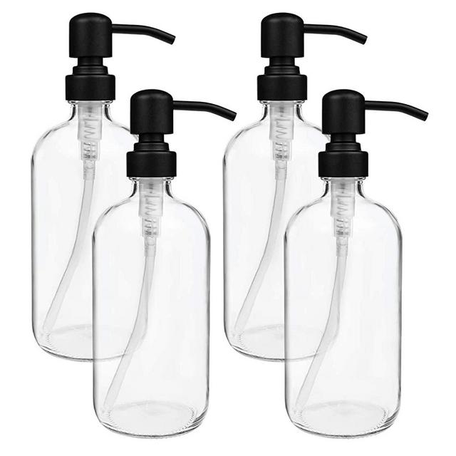 Suwimut 4 Pack Soap Dispenser Clear Glass Boston Round Bottles, 16 Ounce Jars Glass Bottle with Matte Black Stainless Steel Rustproof Pump for Essential Oil, Lotion Soap, Bathroom Kitchen