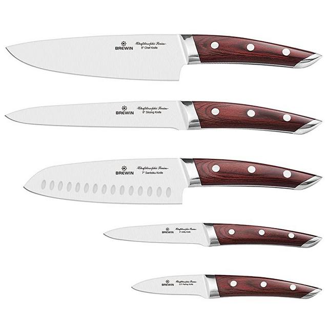 Brewin CHEFILOSOPHI Chef Knife Set 5 PCS with Elegant Red Pakkawood Handle Ergonomic Design,Professional Ultra Sharp Kitchen Knives for Cooking High Carbon Stainless Steel Japanese Chef's Knife