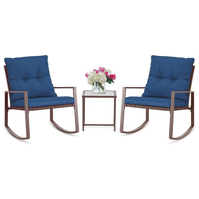 SUNCROWN Outdoor 3-Piece Rocking Bistro Set: Brown Wicker Furniture-Two Chairs with Glass Coffee Table (Dark Blue Cushion)
