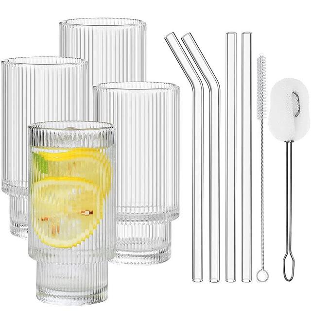 ALINK Drinking Glasses with Glass Straws 4pcs Set, Vintage Ripple Iced Coffee Cups Glasses, Beer Glasses, Origami Style Glass Tumbler for Coocktail, Whiskey, Soda, Tea, Water, Gifts - 2 Cleaning Brush