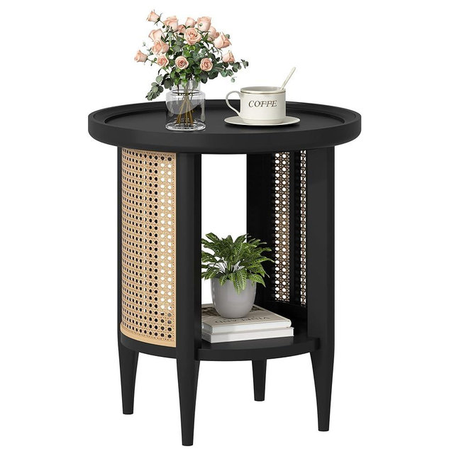 Yusong Round End Table Rattan Style Side Table with Solid Wood Legs, Boho Style Nightstand Bedside Table with 2-Tier Shelves, Small Coffee Table for Living Room Bedroom Small Spaces Black