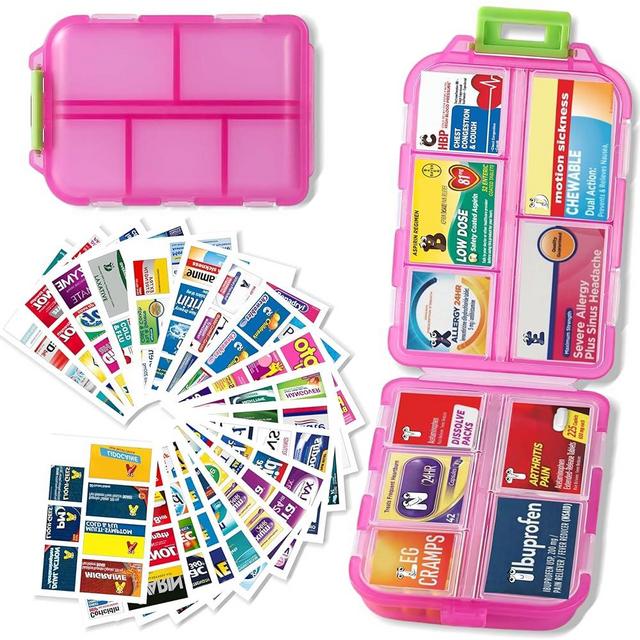 Pill Organizer with Medicine Labels Travel Daily Pill Container Mini Medication Organizer Storage Pill Organizer Travel Essentials Pill Case 7 Day Pill Organizer(Pink & 161 Lables)