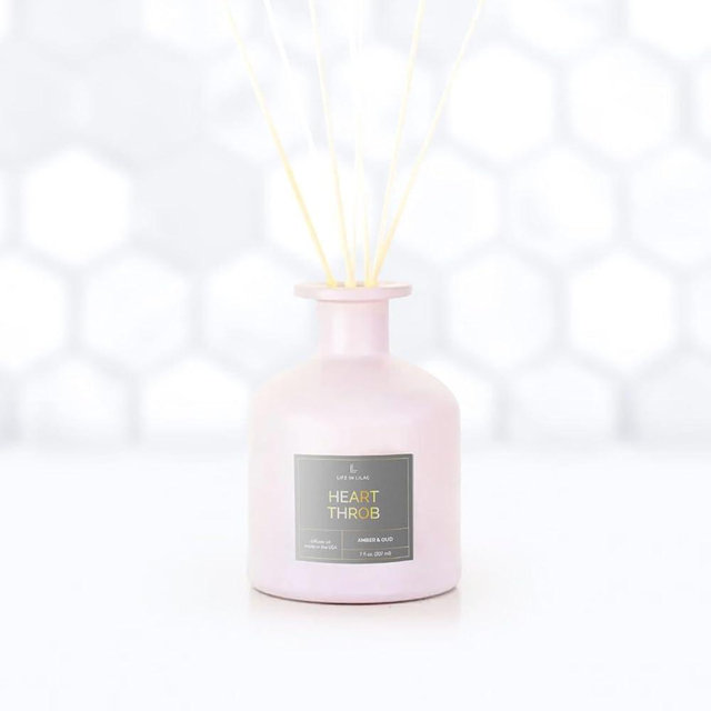 Life in Lilac Heart Throb Diffuser: Amber and Oud, Fragrant Reed Diffuser Set with 7 fl oz. Diffuser Oil and Reed Sticks, Made in The USA, Office and Home Decor, Fragrance Gift