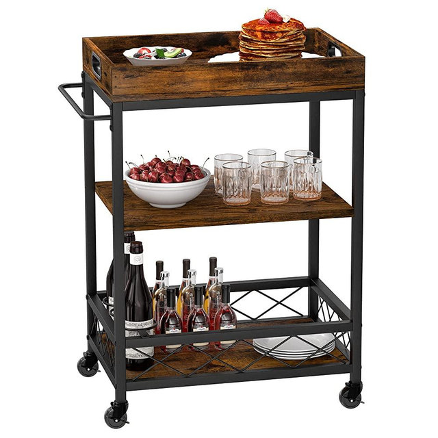 Bar Carts for The Home, IDEALHOUSE Bar Cart, Serving Cart with Wheels, 3 Tier Bar Cart with Wine Rack, Removable Tray, Wheel Locks (Vintage)