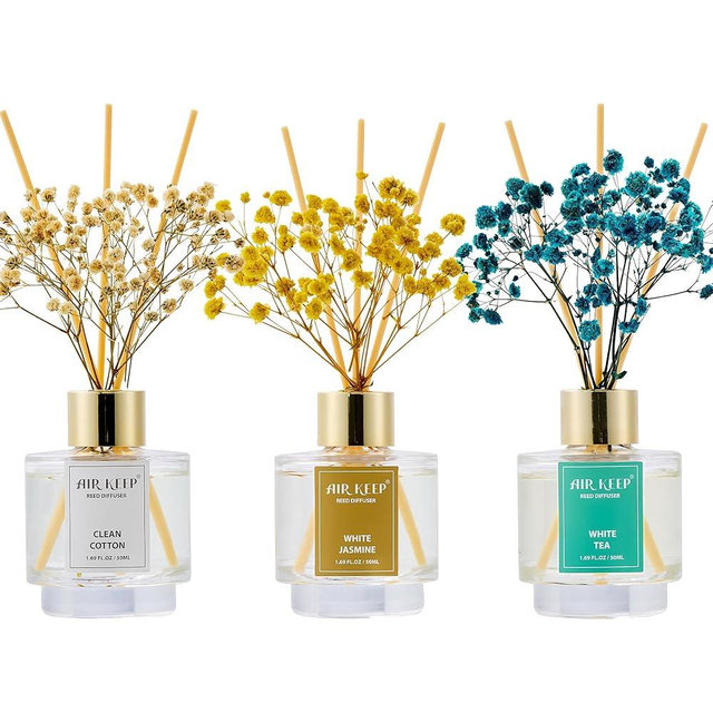 Airkeep Reed Diffuser Set of 3,Clean Cotton White Jasmine White Tea Oil Reed Diffusers for Bedroom Living Room Office Aromatherapy Oil Reed Diffuser for Gift 50ml x 3
