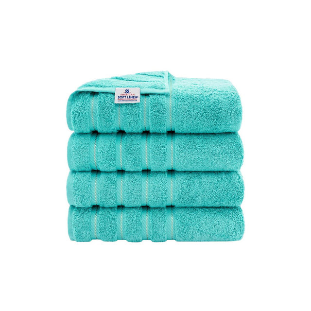 American Soft Linen 4 Pack Bath Towel Set, 100% Cotton, 27 inch by 54 inch Bath Towels for Bathroom, Turquoise Blue
