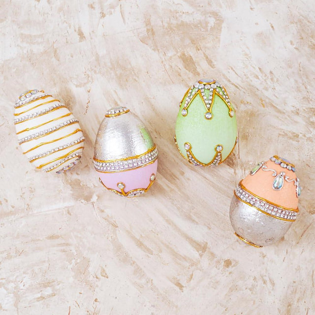 Holiday Tree Macarone Jeweled Easter Eggs – Handmade Decorative Eggs, 4-Piece Set, 4.5" H x 3.25" W – Elegant Easter Table Decor, Unique Gift & Centerpiece for Spring Celebrations