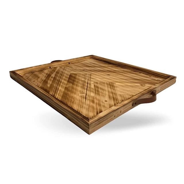 LUIYO Large Ottoman Tray with Leather Handle Decorative Wooden 24 x 24 x1.5 Inches Square Serving Tray Best for Coffee Table, Living Room and Kitchen