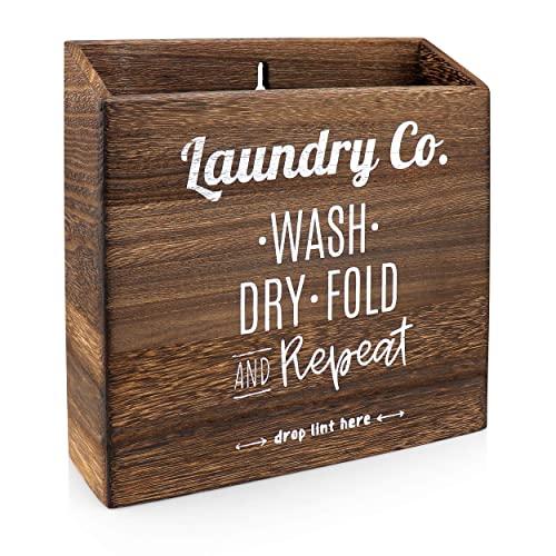 CK Home Wooden Magnetic Lint Bin for Laundry Room | Rustic Farmhouse Style Laundry Organization and Storage Container for Lint, Detergent Pods, or Dryer Sheets with Magnetic and Wall Mount Options