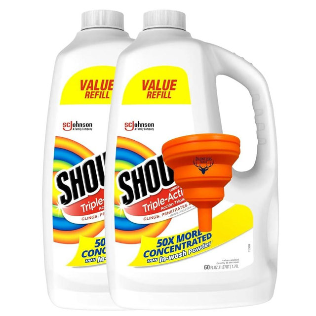 Dauntless Merch Shout Stain Remover Refill, Triple-Acting Spot Treatment 60 Fluid Ounce, (Pack of 2), Bundled with a Easy Fill Funnel (color may vary)