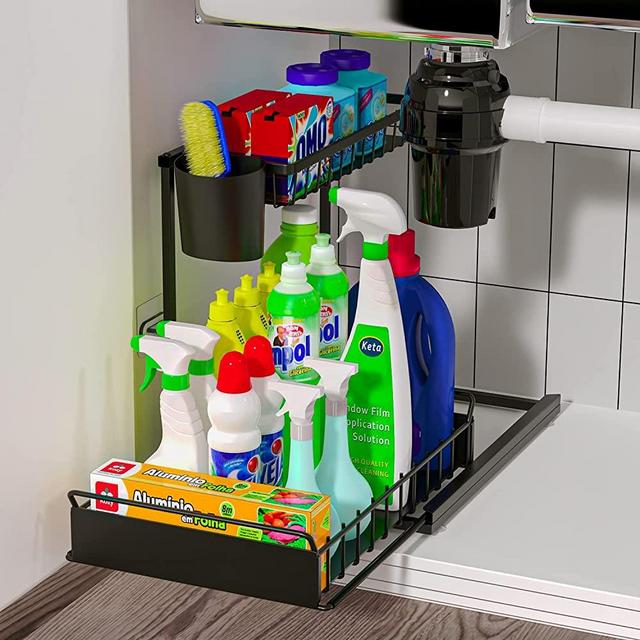 Gracenal Under Sink Organizers and Storage, Kitchen Organization and Storage 1 Pack, L-Shaped 2-Tier Bathroom Organizer, Upgraded Pull Out Cabinet Organizer, Gifts for Mom as Bathroom Kitchen Storage