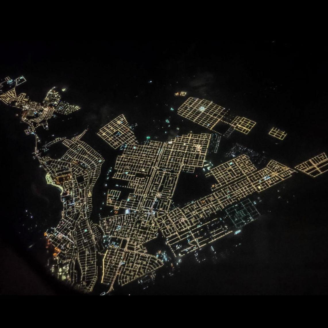 Aerial shot of the city at night