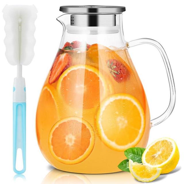 SUSTEAS 2.2 Liter 75oz Glass Pitcher, Water Pitcher with Lid And Wide Handle, Easy Clean Juice Jug for Fridge, Beverage Carafe for Cold/Hot Water, Iced Tea, 1 Free Long-Handled Brush Included