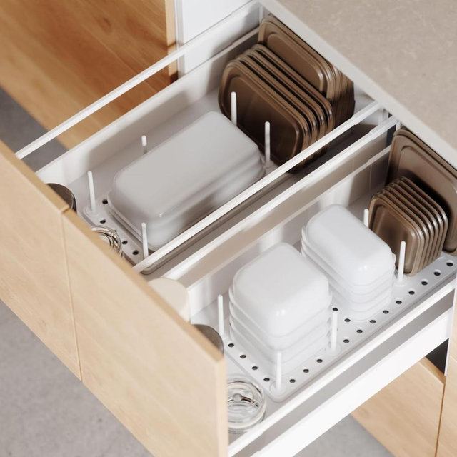 Peggy Kitchen Drawer Cupboard Organizer Tray - Adjustable Storage System For Food Containers, Cookware, Serveware, Utensils and More, White