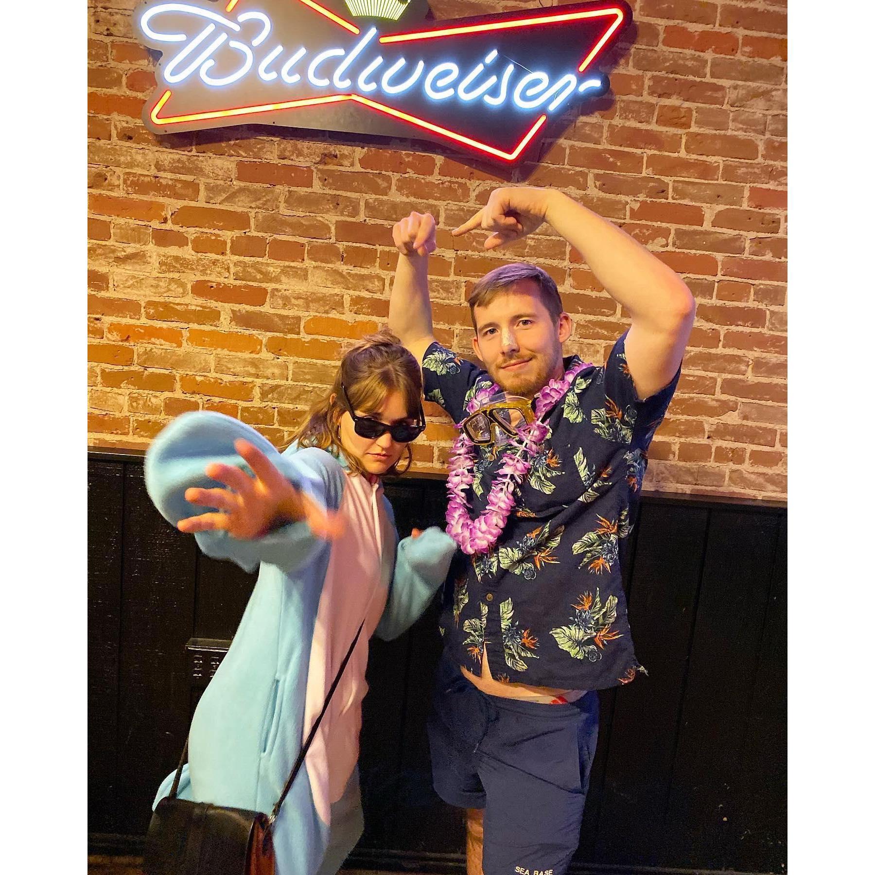 Our first Halloween as a couple, 2019 - we were a lifeguard and a narwhal!