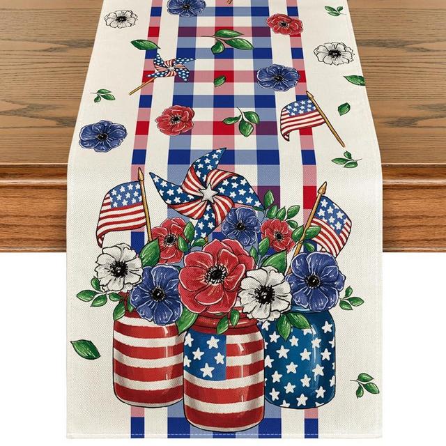 Artoid Mode Vase Flowers American Flag Stars 4th of July Table Runner, Seasonal Kitchen Dining Table Decoration for Home Party Decor 13x72 Inch
