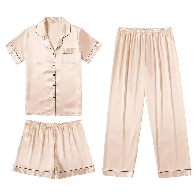 Ekouaer Silk Pajamas for Women Set Satin Pjs Soft Short Sleeve Button Down Sleepwear 3 Piece Loungewear S-XXL