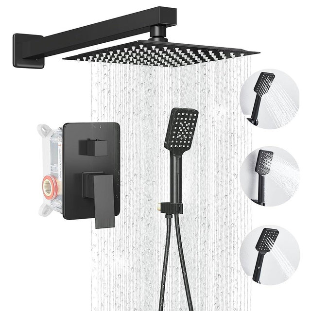 LCEVCGK Shower Head Matte Black, Shower Faucet Set Bathroom Shower System with 8 inch Square Rain Shower Head Wall Mounted with 3-Setting Handheld Spray, Rainfall Shower Combo Set