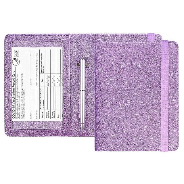 ACdream Passport and Vaccine Card Holder Combo, Cover Case with CDC Vaccination Card Slot, Leather Travel Documents Organizer Protector, with RFID Blocking, for Women and Men, Glitter Purple