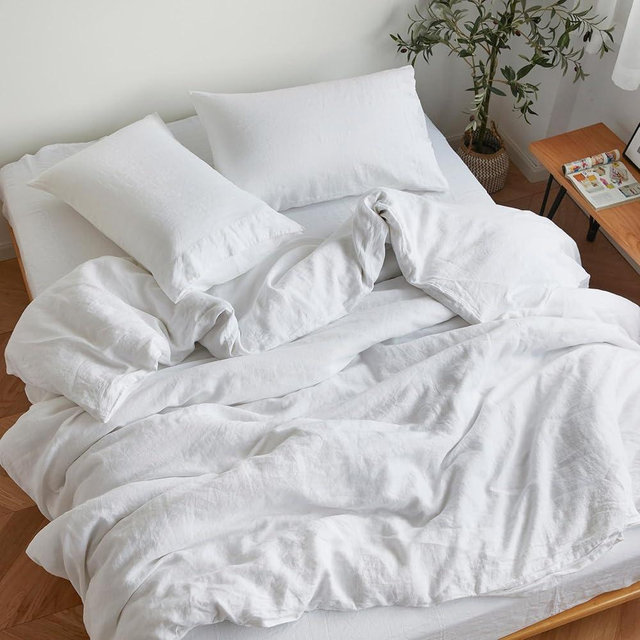 Sijo Stone Washed Organic French Linen Bed Sheet Set, GOTS Certified Organic, Best Cooling Linen Sheet Award by Sleep Foundation, 3 Piece - 2 Pillowcases and 1 Fitted Sheet (Snow, Full)