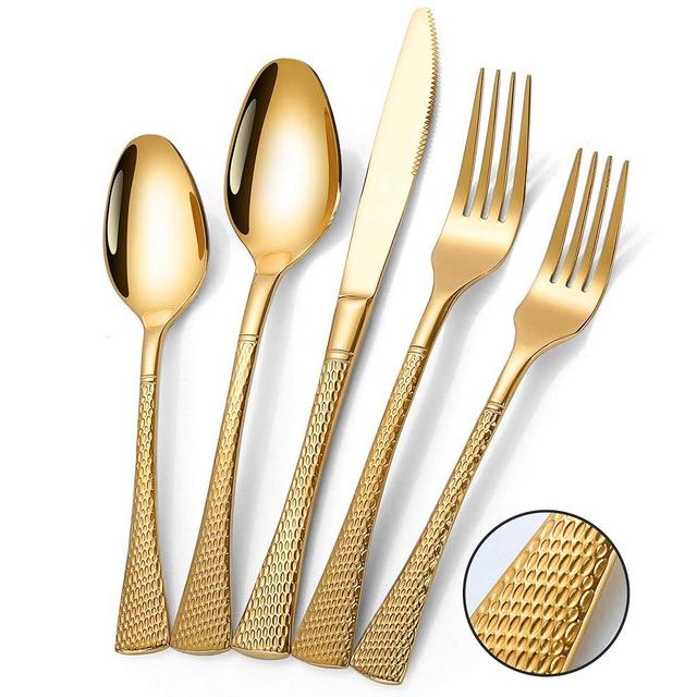 Lemeya Hammered Gold Silverware Set for 8,Stainless Steel 40-Piece Modern Cutlery Set,Mirror Polished Heavy Duty Flatware Set Utensil Set,Knives Spoons and Forks Set,Dishwasher Safe