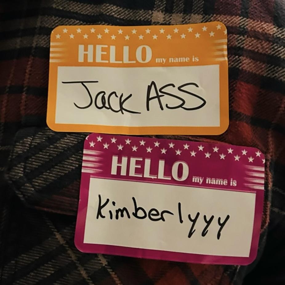 Our name tags when we went axe throwing