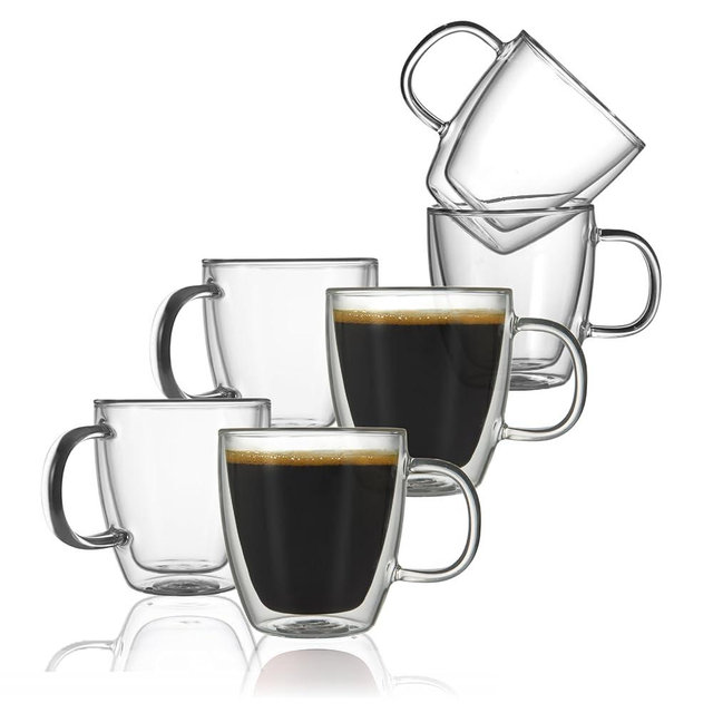 CNGLASS Insulated Espresso Glass Mugs 5.4oz, Clear Coffee Mugs Set of 6, Double Wall Glass Mug with Handle, Cappuccino, Latte, Tea Cups