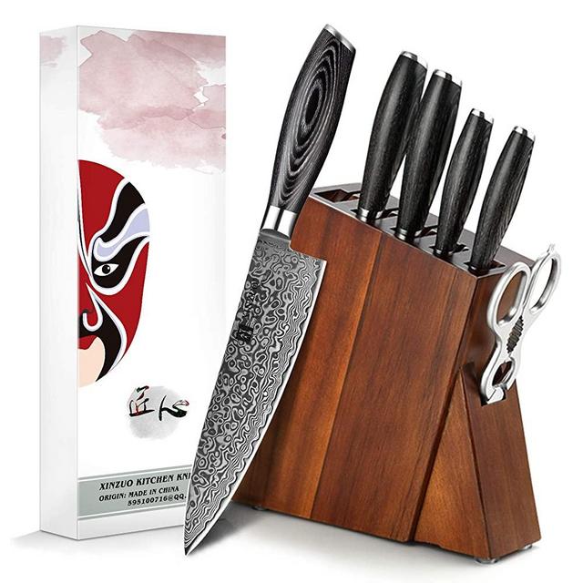 XINZUO 7PC Damascus steel Knife Block Sets, Professional High Carbon Steel Chef Knife Santoku Slicing Utility Fruit Knife with Multifunctional Kitchen Shears,Ergonomic Pakkawood Handle - Ya Series