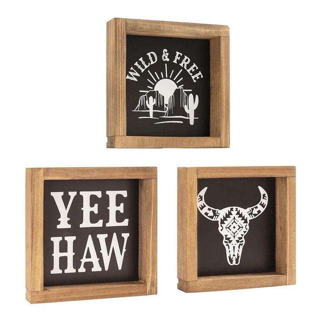 flangairy Western Wall Decor Southwestern Wall Art Southwest Shelf Desk Table 3 Pieces Yeehaw Cowboy Cow Skull Black Wood Signs Bathroom Bedroom Room Boho Rustic Farmhouse Home Decoration