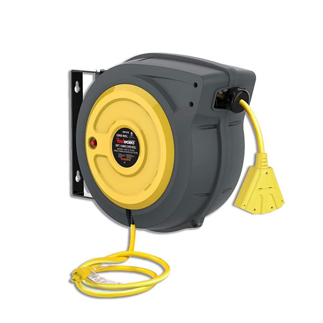 ReelWorks Extension Cord Reel Retractable 14AWG x 50' Foot 3C/SJTOW Glow Strip Cable Triple Tap Connector Advanced Slow Retraction Technology (SRT)