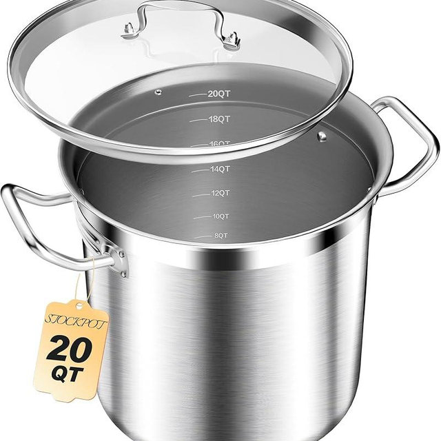 STOCKPOT Stainless Steel 20 Quart Stockpot with Tempered Glass Lid, 3-Ply Base, 8.8 lbs, Polished Finish, Suitable for Stovetop and Oven, Dishwasher Safe