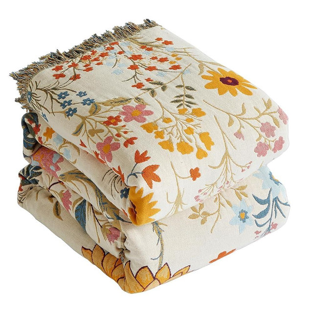 Boho Throw Blanket for Bed 60”x80”, 100% Cotton Woven Blanket for Couch Sofa, Ultra Soft 4-Layer Muslin Quilt with Floral Printed, Farmhouse Bed Blanket/Cover for Living Room Decor