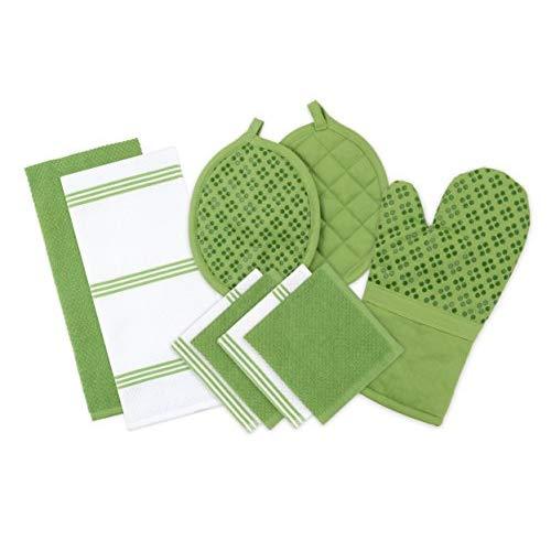 Sticky Toffee Silicone Printed Oven Mitt & Pot Holder, Cotton Terry Kitchen Dish Towel & Dishcloth, Green, 9 Piece Set