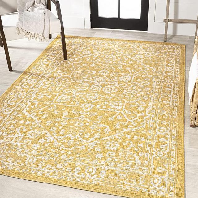 JONATHAN Y SMB104G-8 Malta Bohemian Medallion Textured Weave Indoor Outdoor Area-Rug, Coastal Traditional Transitional Easy-Cleaning,Bedroom,Kitchen,Backyard,Patio,Non Shedding, 8 X 10, Yellow/Cream