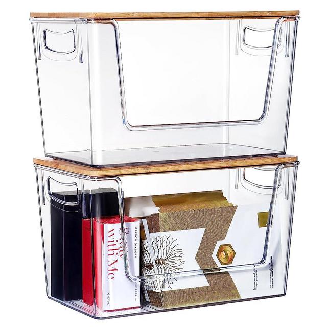 Hudgan Clear Storage Bins with Lids, Plastic Open Front Storage Bins with Bamboo Lids for Pantry Organizing Baskets, Perfect for Home Edit Organization, Set Of 2