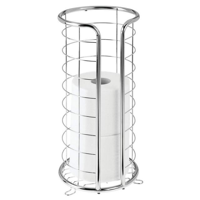 mDesign Decorative Metal Free Standing Toilet Paper Holder Stand with Storage for 3 Rolls of Toilet Tissue - for Bathroom/Powder Room - Holds Jumbo Rolls - Chrome
