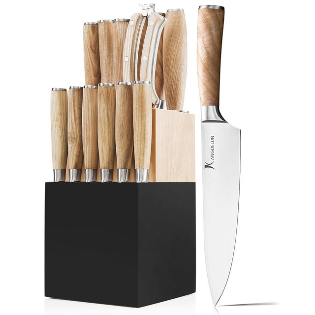 Kangdelun Natura Series 15 PCS Knife Block Set, Ultra Sharp High Carbon Stainless Steel with Wooden Handle