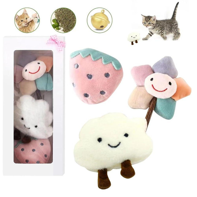 CKFPS Kitten Chew Toys for Teething with Catnip – 3Pcs Bite Resistant Plush Cat Toys (Strawberry, Cloud Bell, Sunflower Stick)