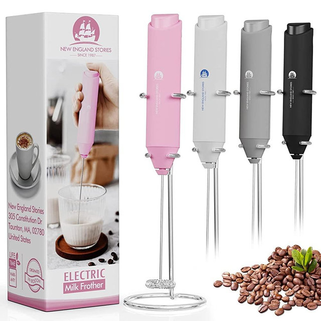 Electric Milk Frother Handheld, Battery Operated Whisk Beater Foam Maker for Coffee, Cappuccino, Latte, Matcha, Hot Chocolate, Mini Drink Mixer With Stainless Steel Stand - Pink