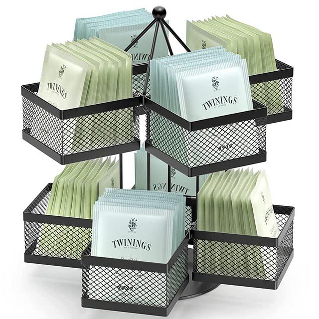 Tea Bag Organizer, Tea Bag Storage Holder Spinning Carousel 96 Teabags Container Lazy Susan Coffee Creamer Sweetener Tea Caddy for Kitchen Counter Cabinet Pantry Shelf Organizer