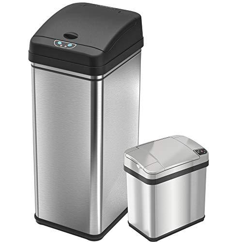 iTouchless 13 Gallon and 2.5 Gallon Sensor Trash Cans (Set of 2), Stainless Steel Bins for Kitchen and Bathroom, Odor Control System